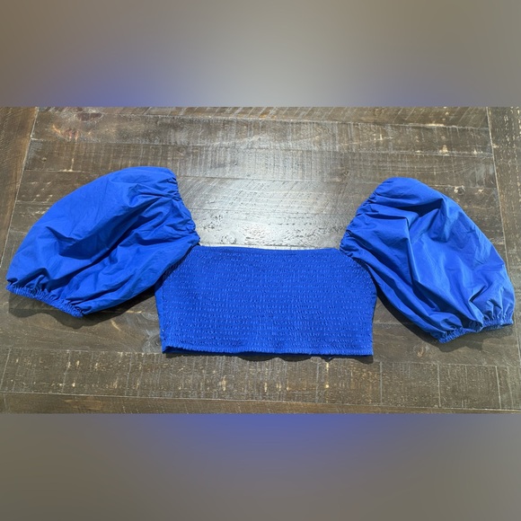 NWT Susana Monaco Blue Nocturnal Puff Sleeve Cotton Poplin Crop Top Sz M - Picture 5 of 11